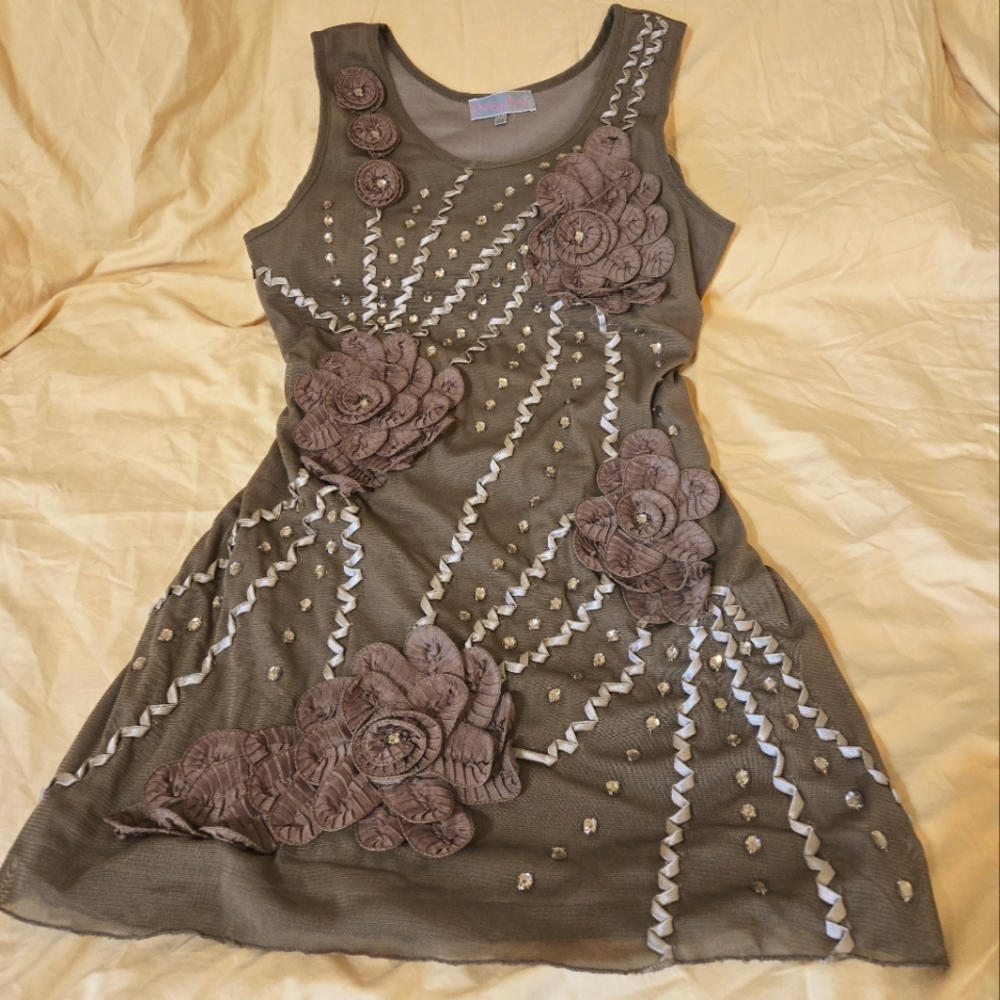 Pretty Angel sleeveless dress, brown, lovely satin rosette detail,